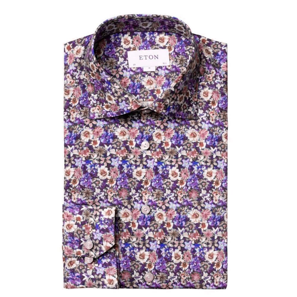 Eton Shirt Floral Twill Print - Pink | Menswear Online