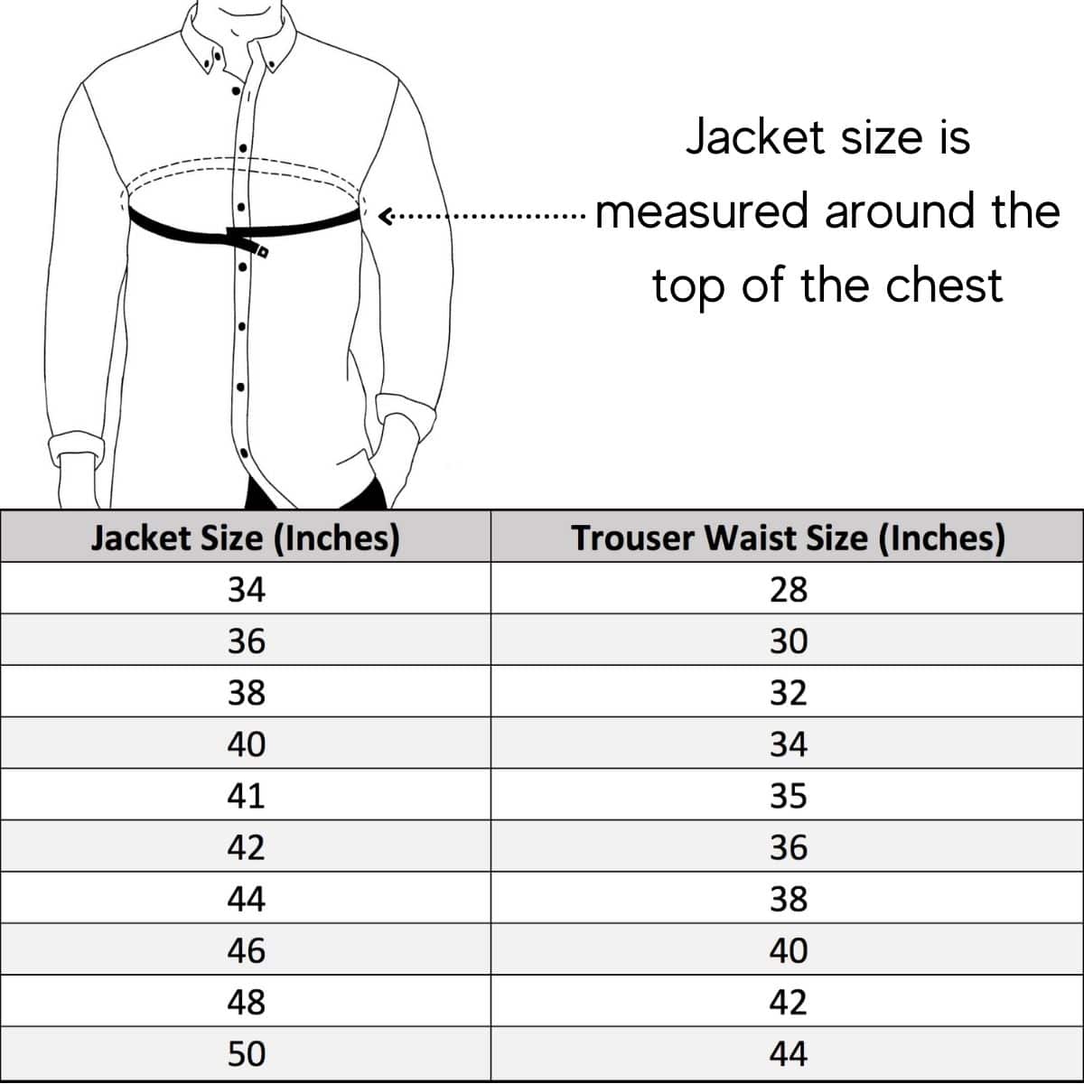 Jacket size is measured around the top of the Chest
