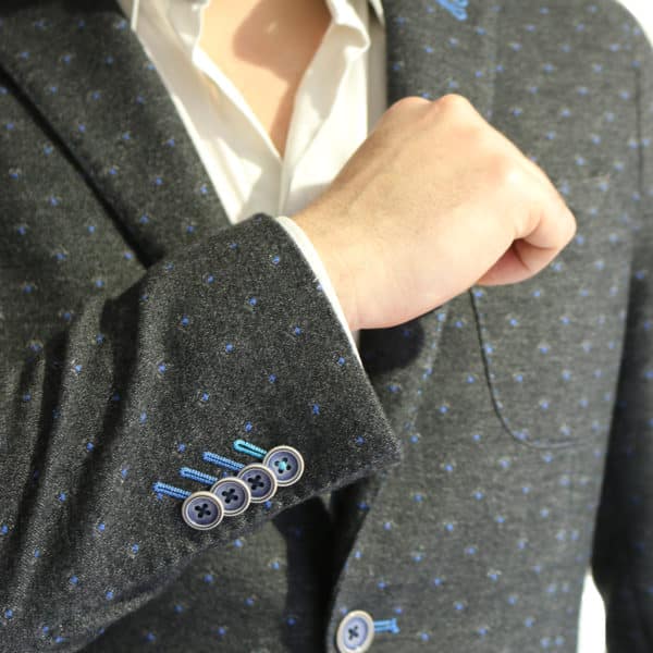 British Indigo Grey blazer blue polka dot pattern button detail