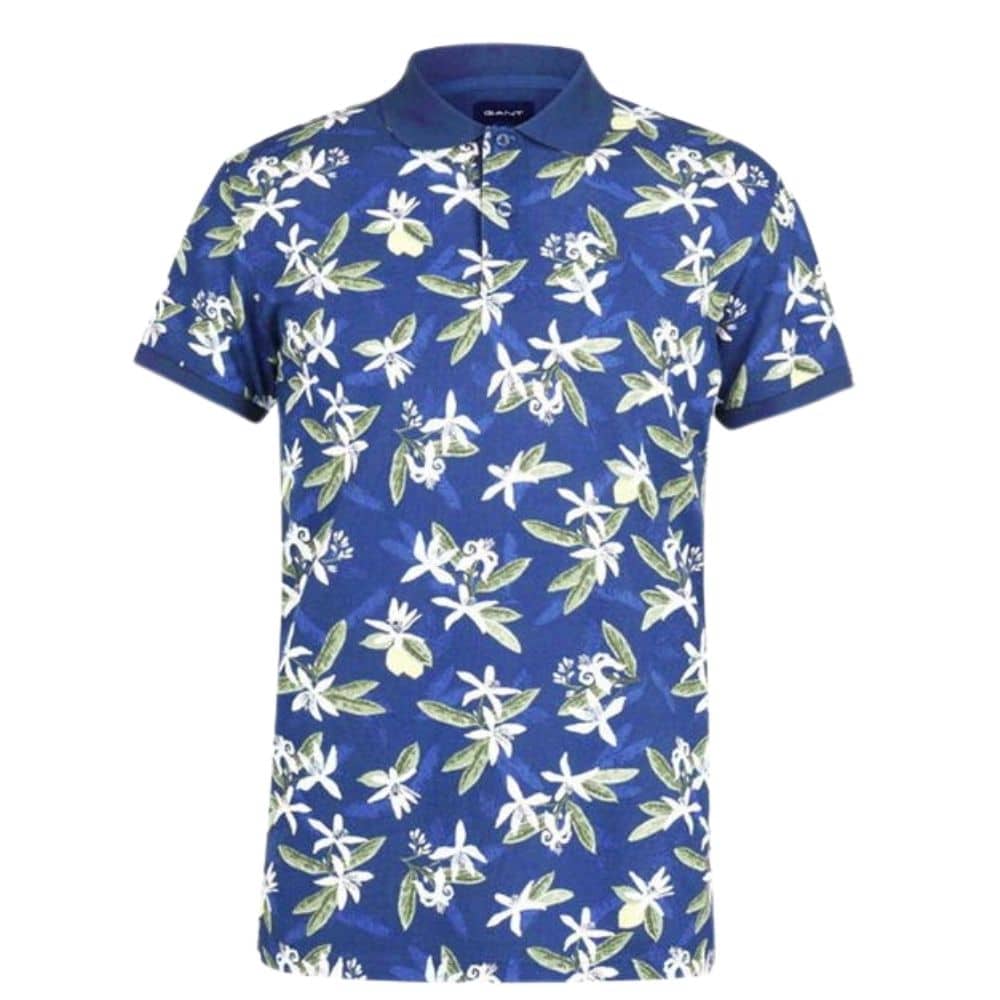 GANT Lemon Flower Print Polo Shirt in Blue front