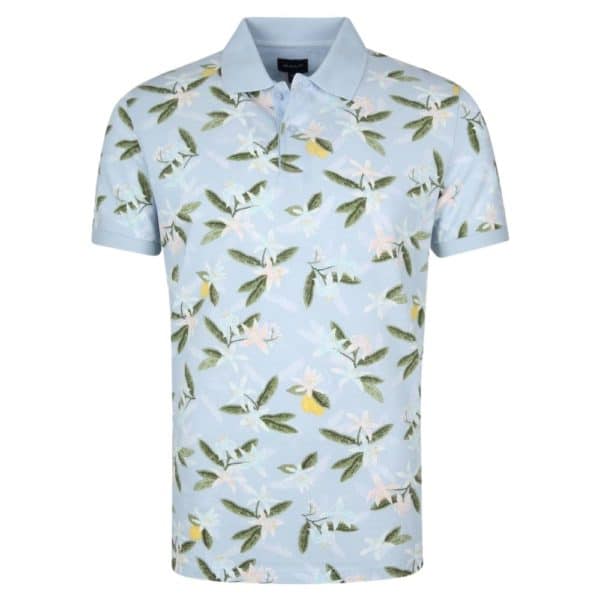 GANT Lemon Flower Print Polo Shirt in Light Blue Front