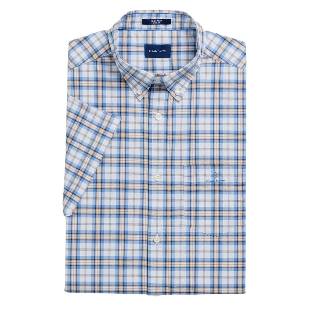 GANT Regular Fit Short Sleeve blue and Khaki check Shirt front