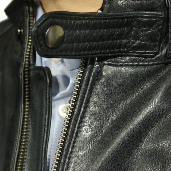 Two selection black leather jacket collar detail
