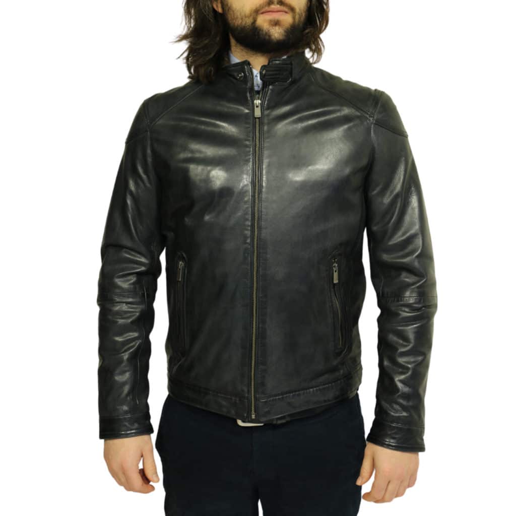Two selection black leather jacket front closed