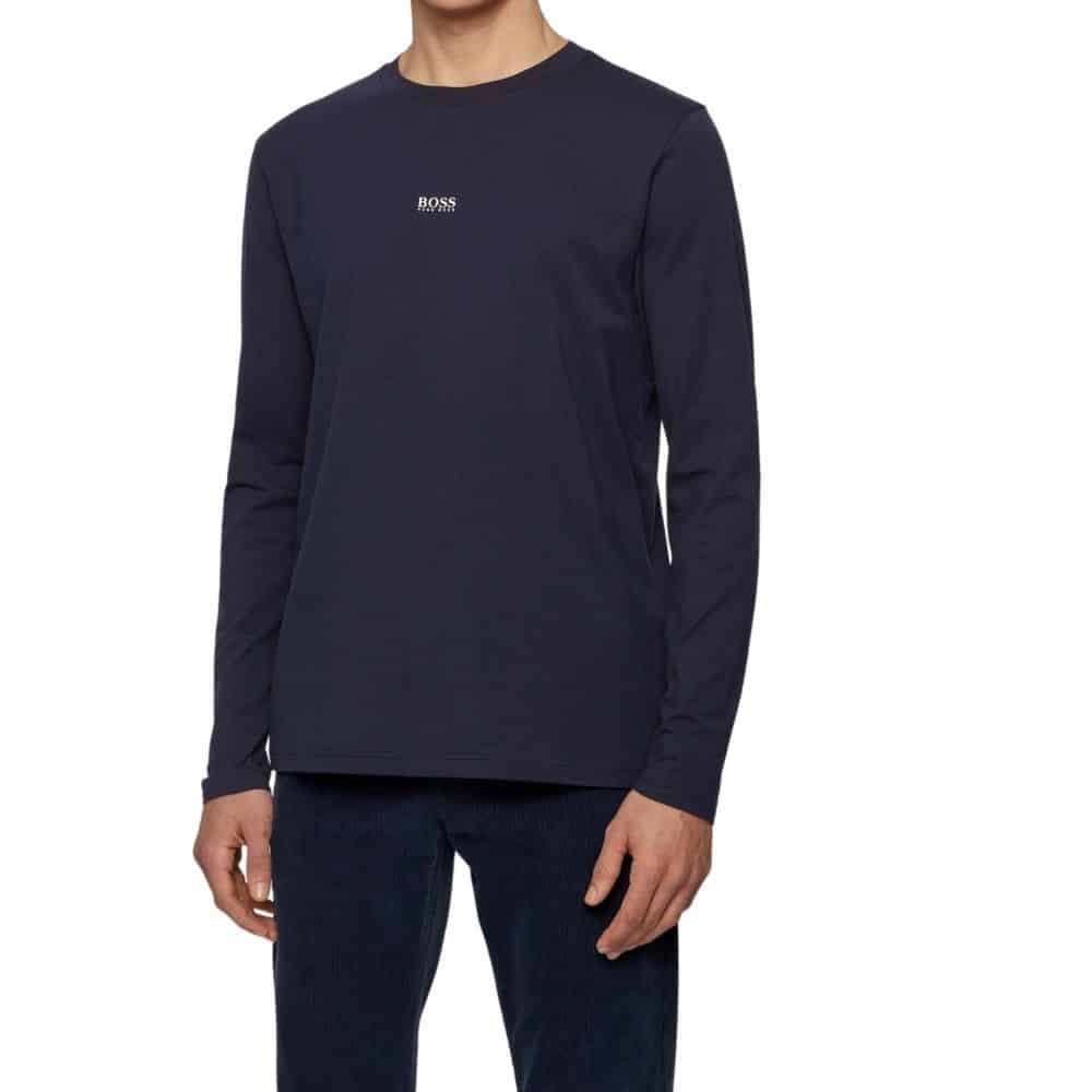 BOSS Dark Blue Long sleeved stretch cotton T shirt with five layer logo front