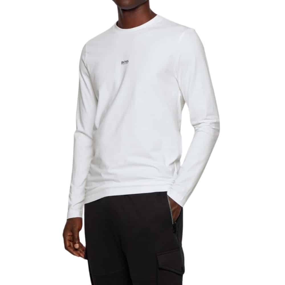 BOSS Long sleeved white stretch cotton T shirt with five layer logo front