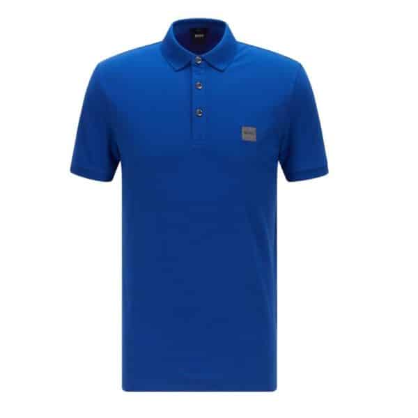 BOSS Slim fit Blue polo shirt in washed pique with logo patch Front