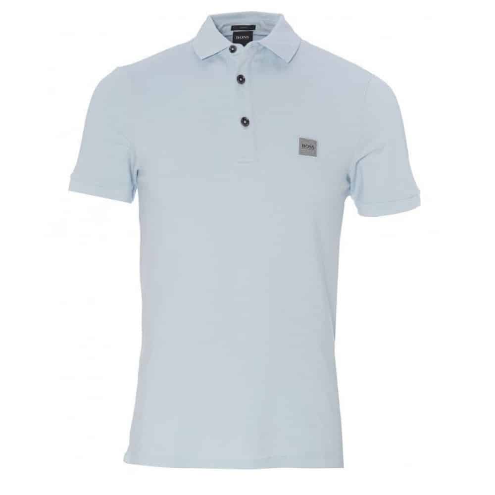 BOSS Slim fit sky blue polo shirt in washed pique with logo patch front