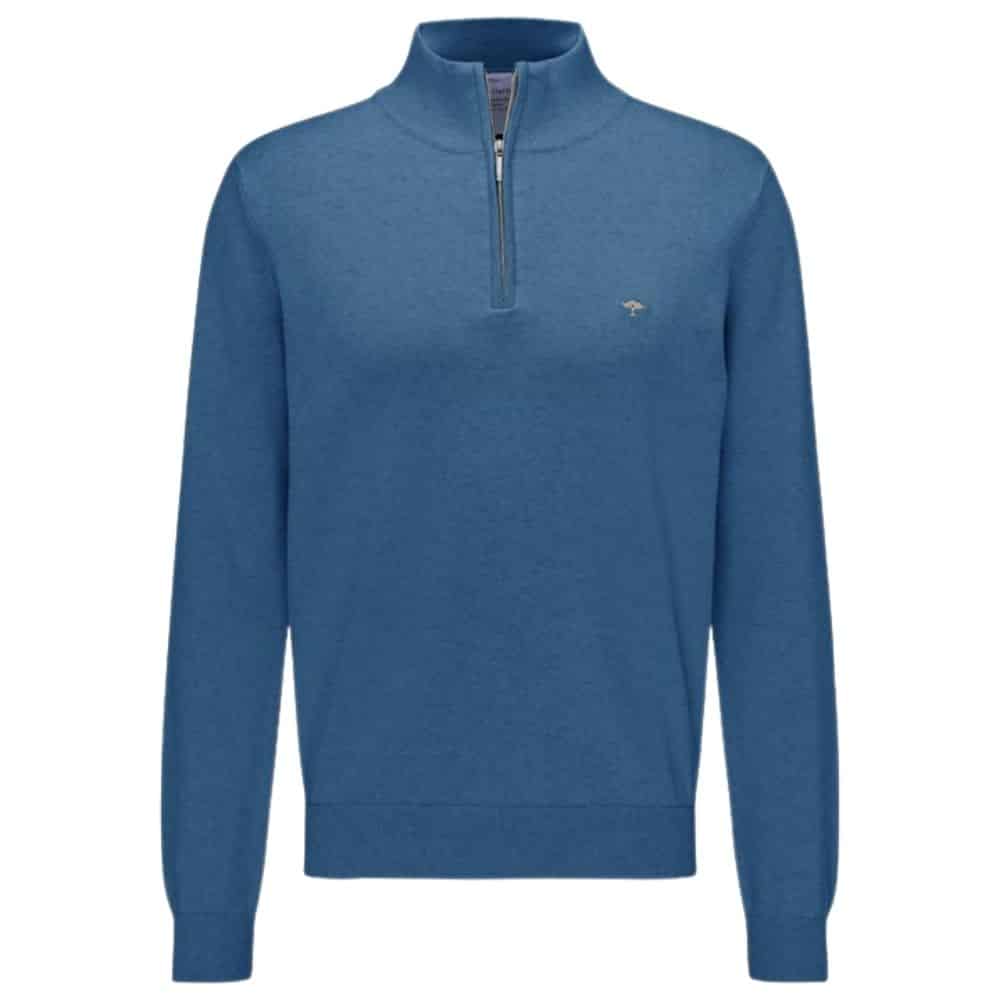 Fynch Hatton Cotton Half Zip Sweater in Azure Blue front
