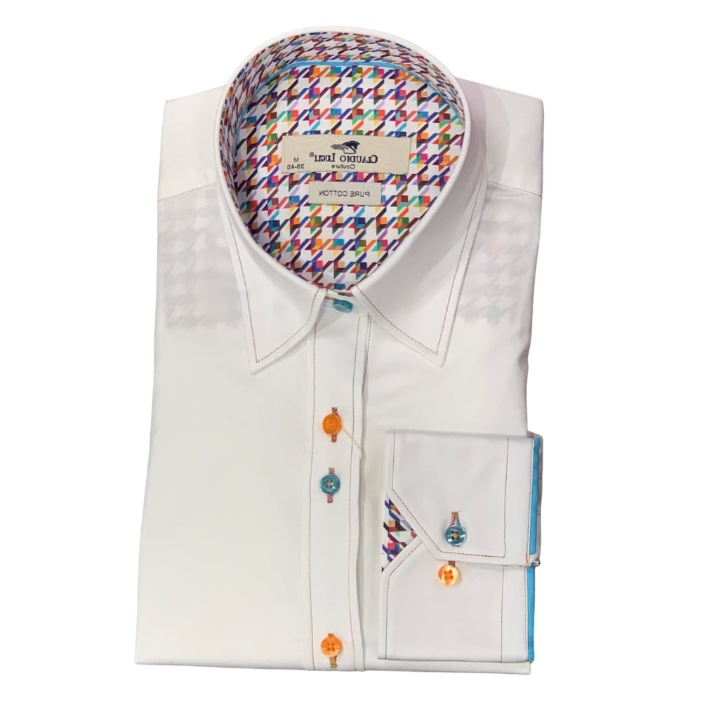 CLAUDIO LUGLI WHITE SHIRT WITH HOUNDSTOOTH INSERT