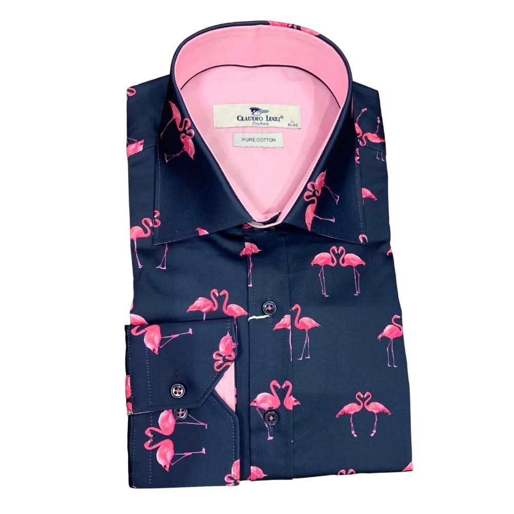 CLAUDIO LUGLI FLAMINGO PRINT NAVY SHIRT