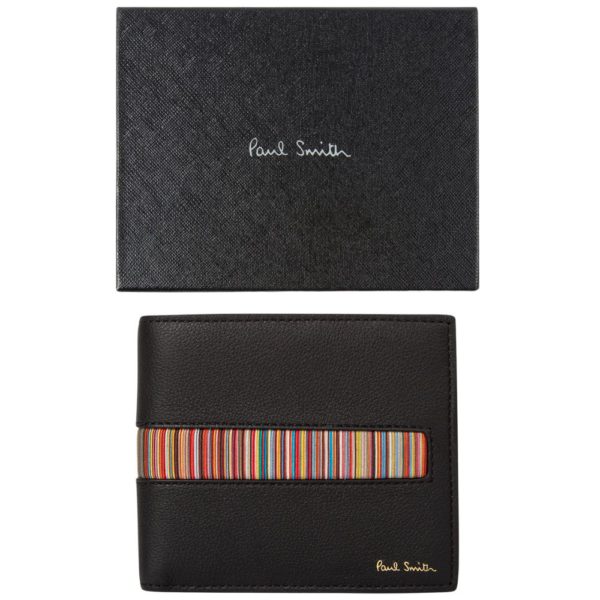 Paul Smith Black Billfold Wallet with Signature Stripe Print Gift