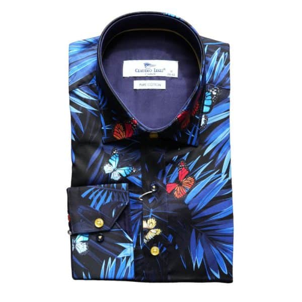 claudio lugli navy shirt with leaves butterflies and leaves