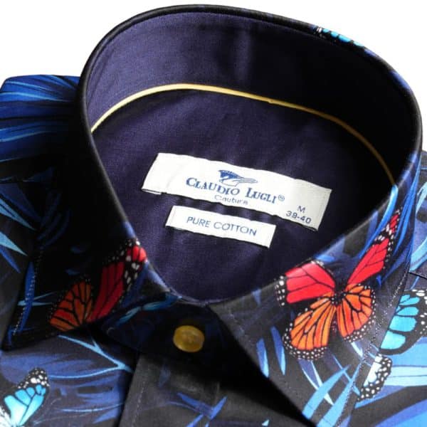 claudio lugli navy shirt with leaves butterflies and leaves collar