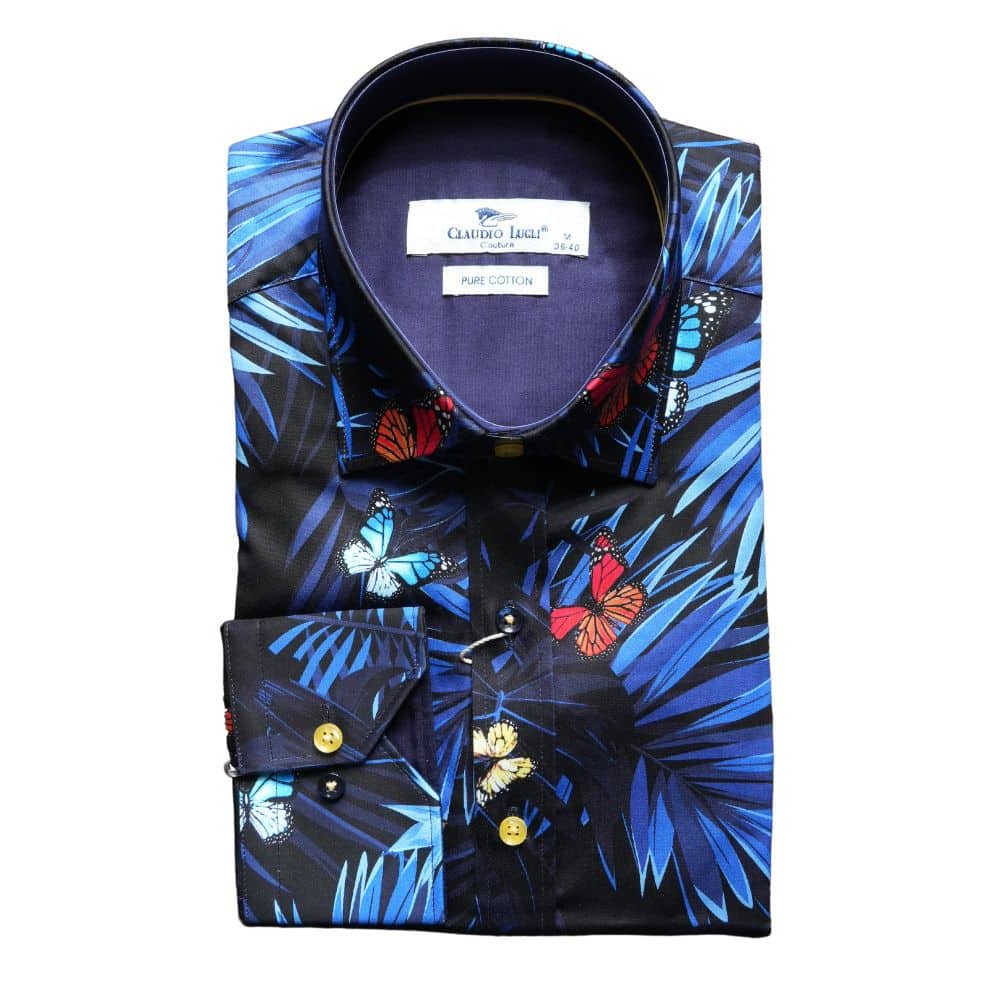 claudio lugli navy shirt with leaves butterflies and leaves
