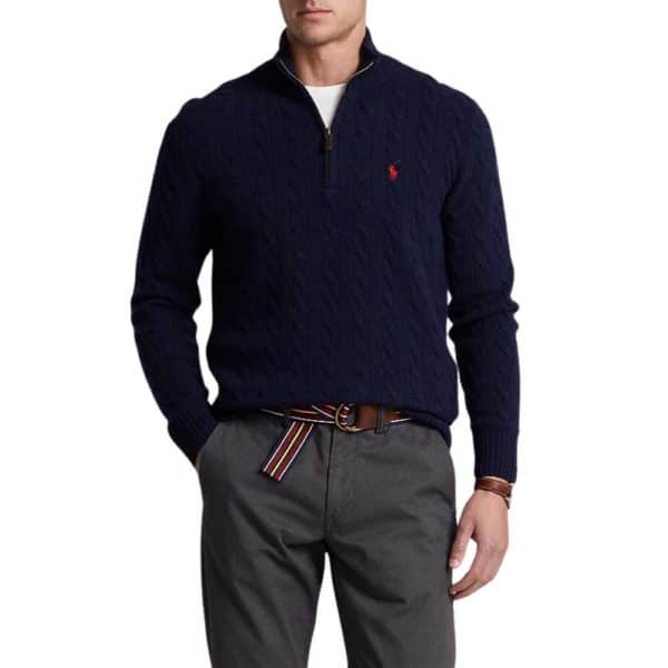 POLO RALPH LAUREN CABLE KNIT WOOL CASHMERE NAVY JUMPER FRONT