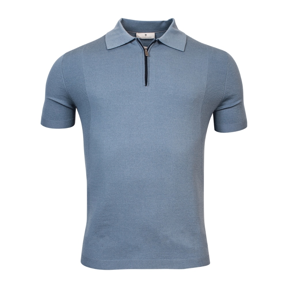 Thomas Maine Marino Wool Blue Zip Collar Polo
