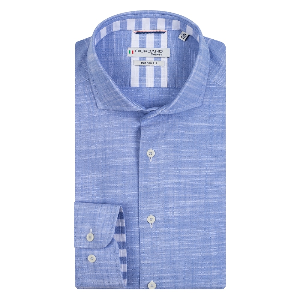 Giordano Row LS Semi Cutaway Linen Solid Blue Shirt