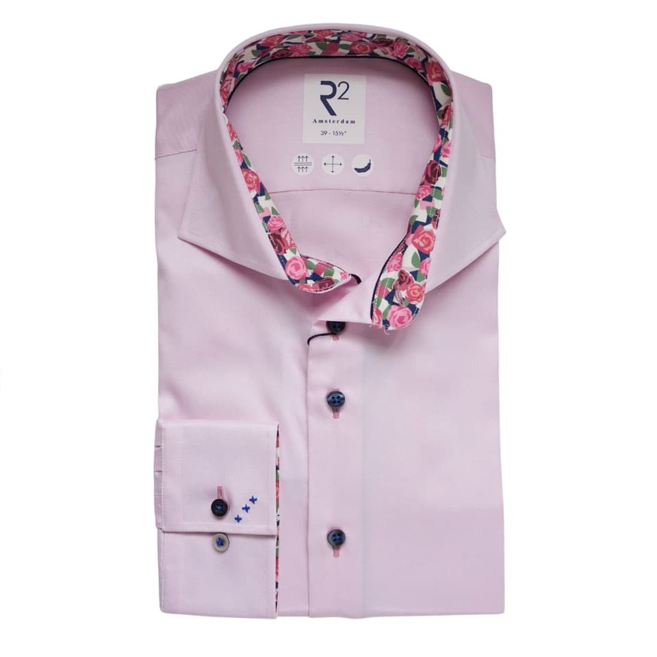 R2 Amsterdam Roses Trim Cuffs Collar Pink Shirt