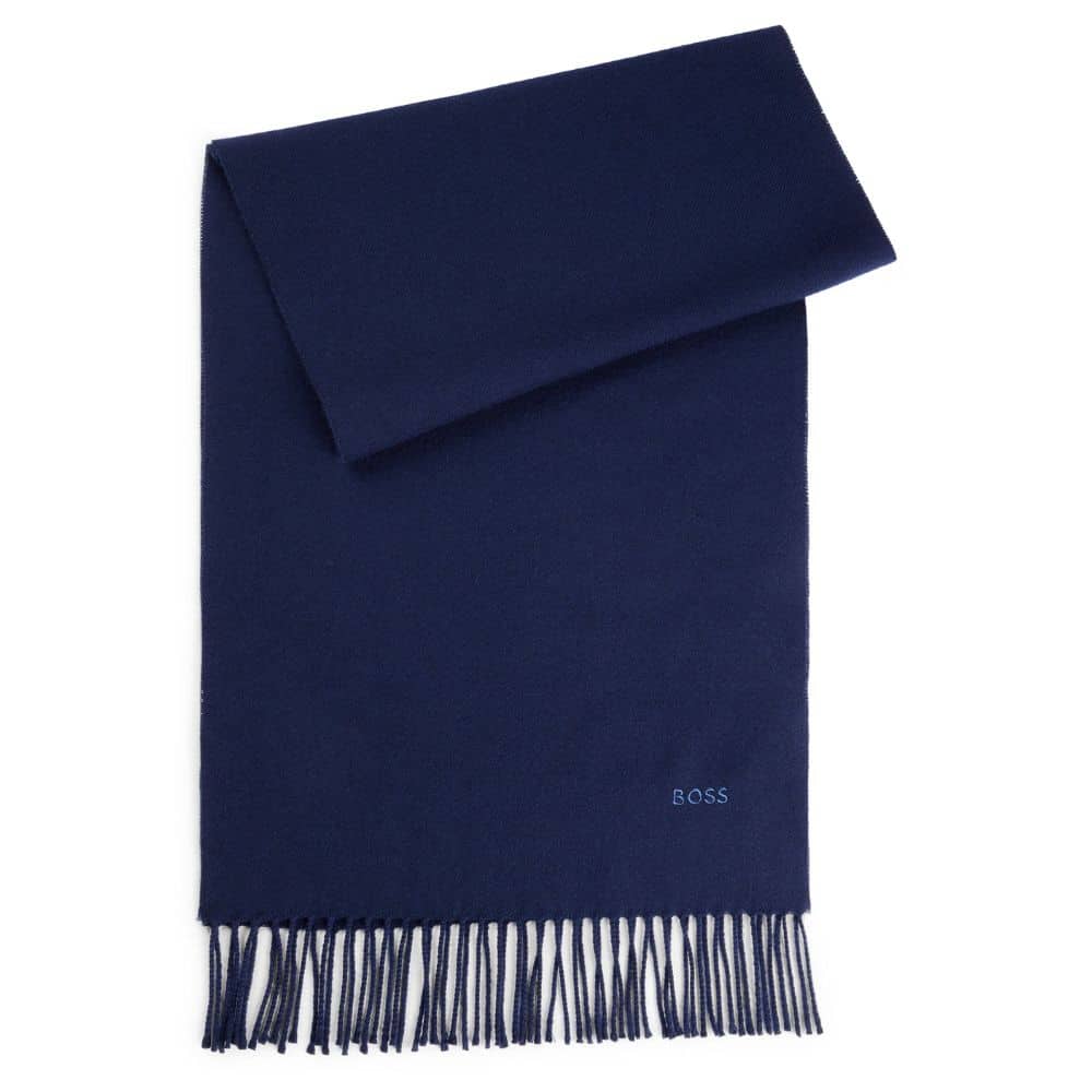 BOSS Navy Wool Scarf With Embroidered Logo