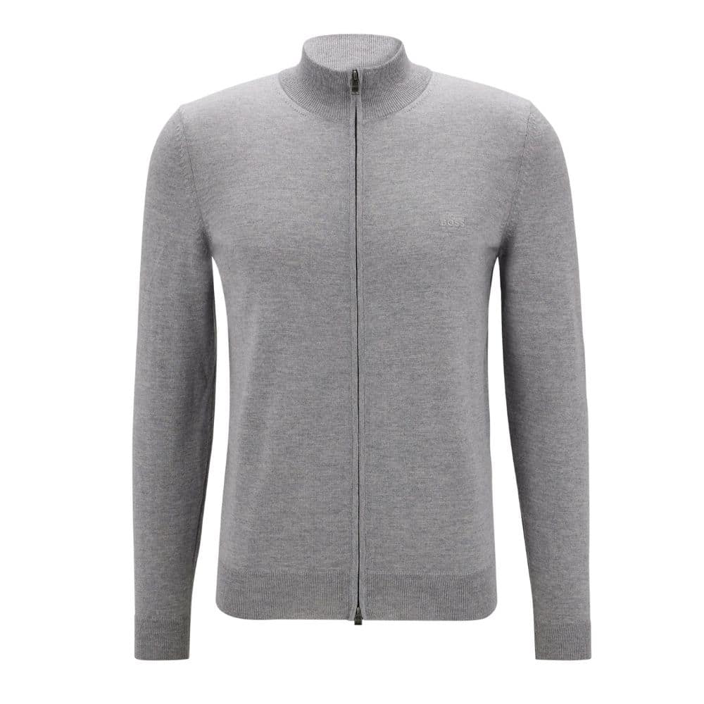 BOSS ZIP UP CARDIGAN IN VIRGIN WOOL WITH EMBROIDERED LOGO grey