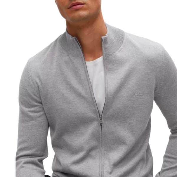 BOSS ZIP UP GREY CARDIGAN IN VIRGIN WOOL WITH EMBROIDERED LOGO 2