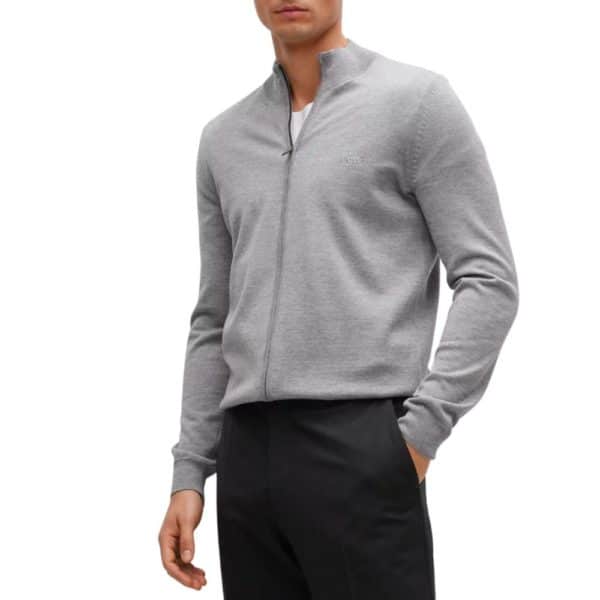 BOSS ZIP UP GREY CARDIGAN IN VIRGIN WOOL WITH EMBROIDERED LOGO