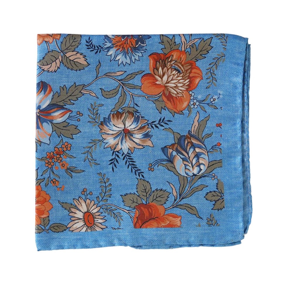 Amanda Christensen Classic Large Floral Silk Twill Blue Pocket Square