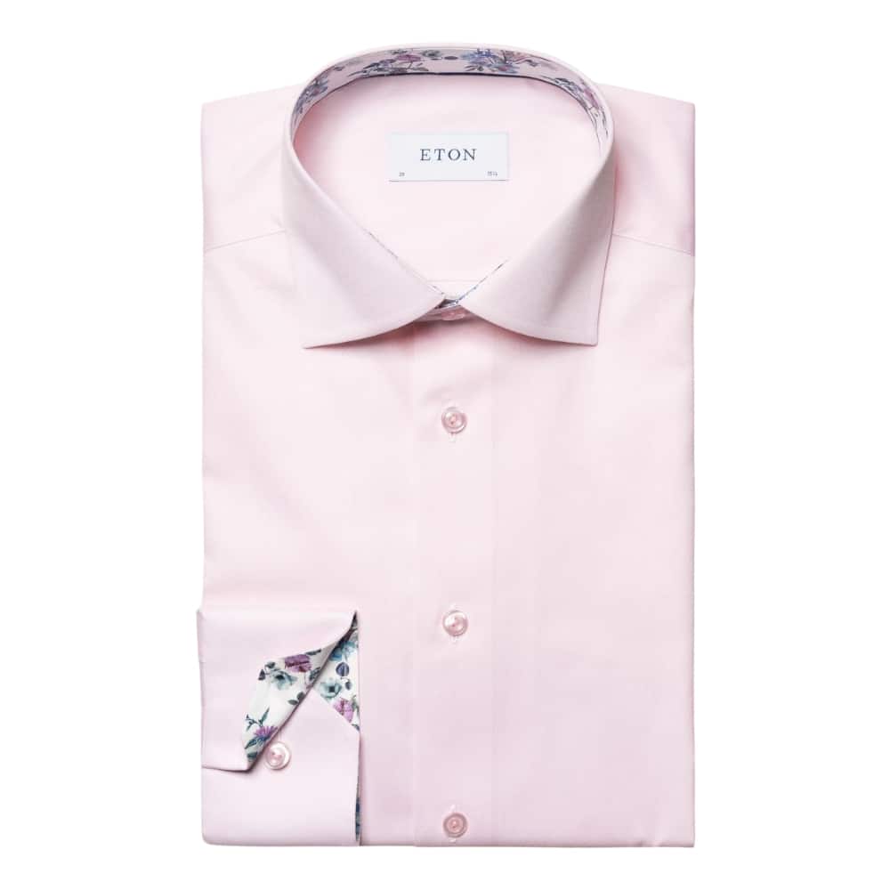 Eton Signature Twill Slim Fit White Floral Contrast Details Pink Shirt