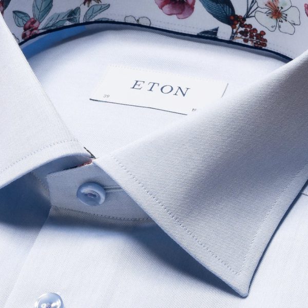 Eton Signature Twill Slim Fit White Floral Contrast Details Light Blue Shirt 2