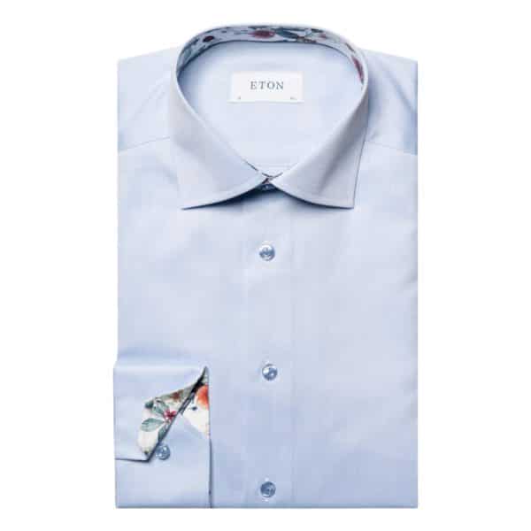 Eton Signature Twill Slim Fit White Floral Contrast Details Light Blue Shirt