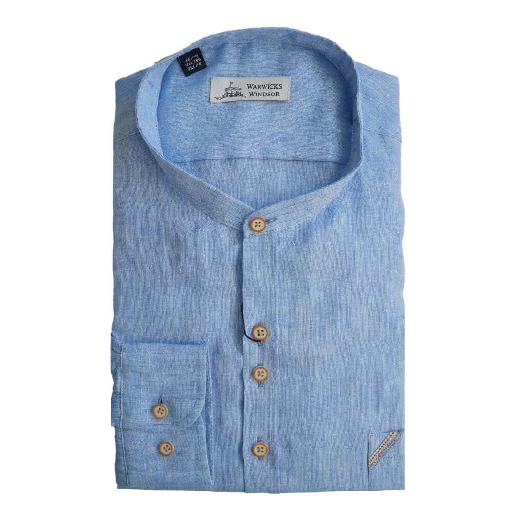 Warwicks blue linen shirt mandarin collar