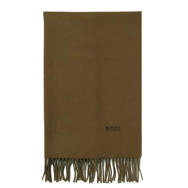 BOSS wool scarf olive green signature logo embroidery