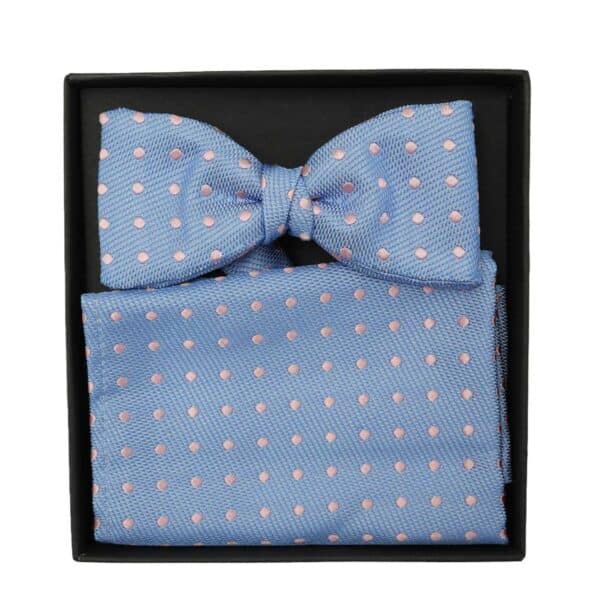 blue polka dot bow tie and pocket square set