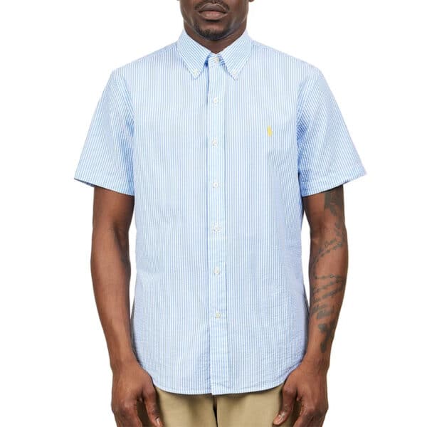 Polo Ralph Lauren Mens Short Sleeve Light Blue and White Striped Shirt