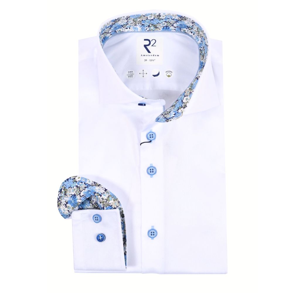 R2 Amsterdam Floral Trim White Shirt with blue floral trim