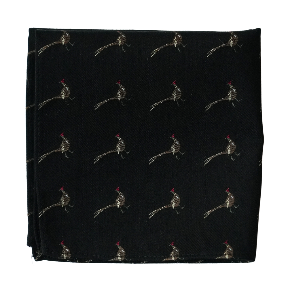 WARWICKS Silk Wool Black Woven Pheasants Pocket Square