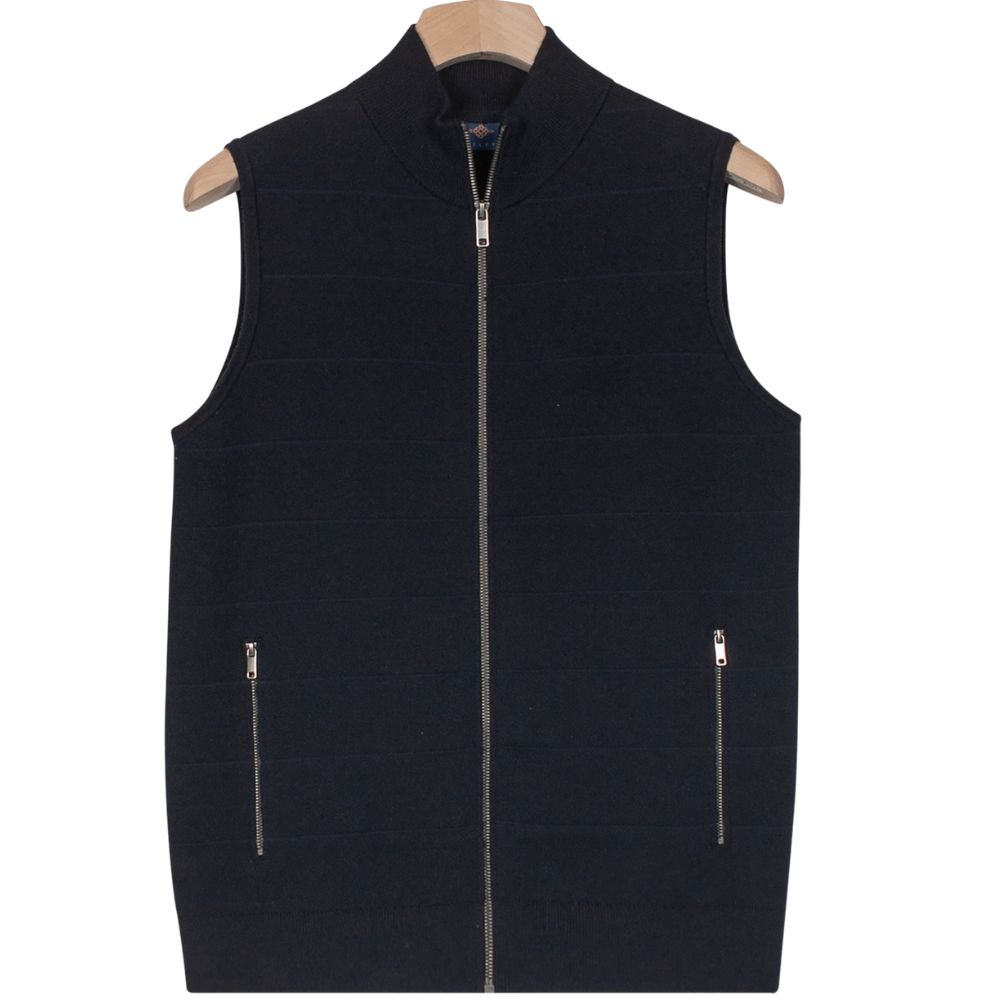 Baileys Navy Wide Ribbed Cotton Cashmere Full Zip Gilet