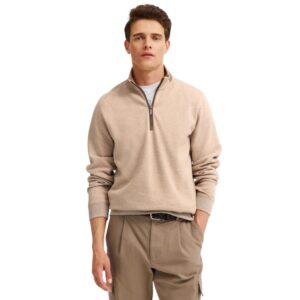 Bugatti Half Zip Beige Herringbone Cotton Sweater