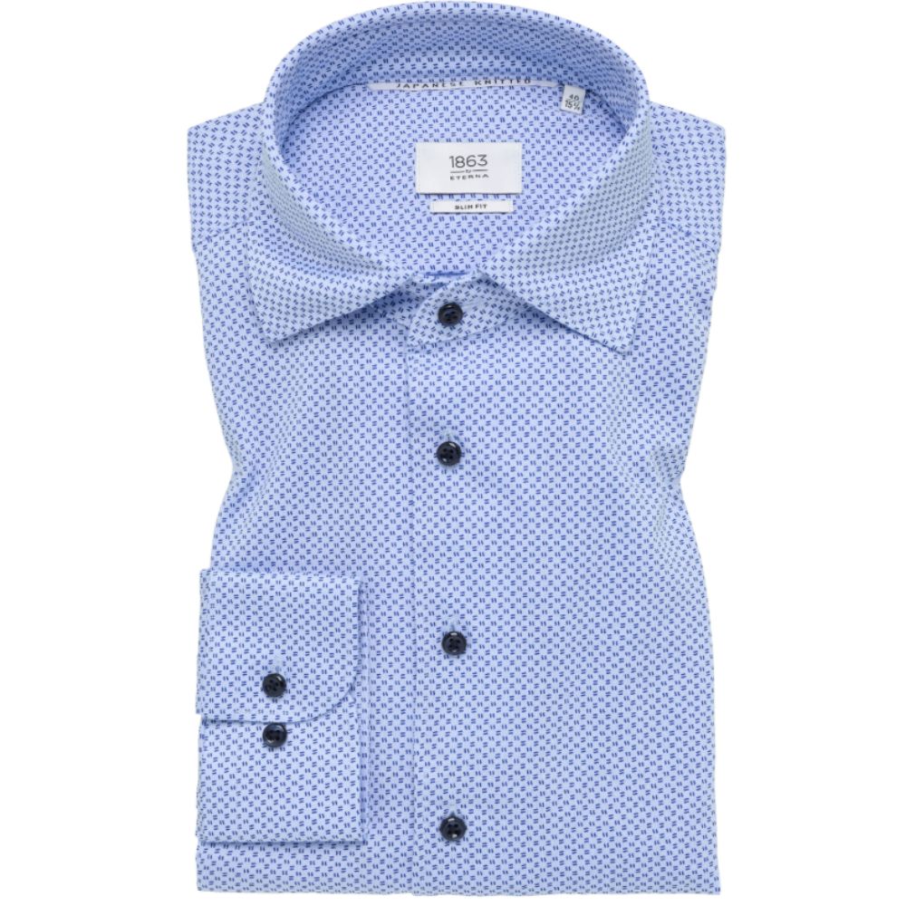 ETERNA Slim Fit Japanese Knitted Light Blue Patterned Shirt 1