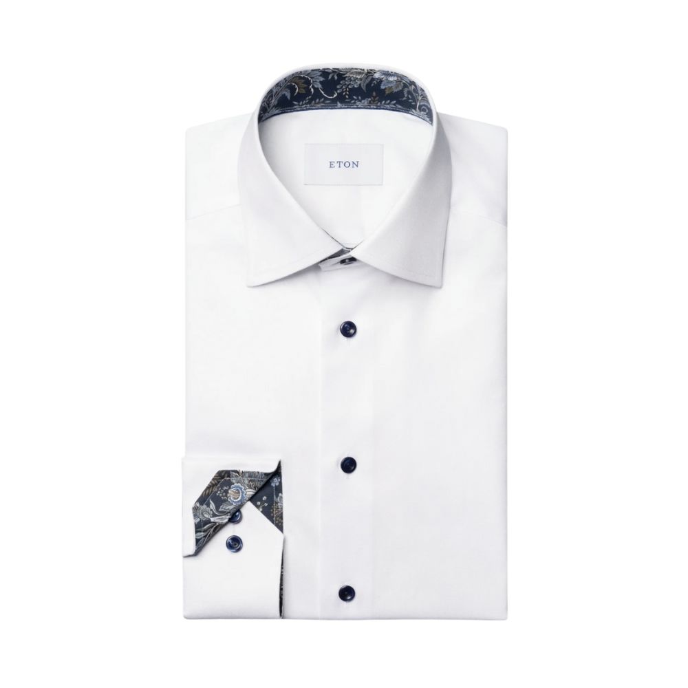 Eton Contemporary Fit Navy Floral Collar Signature Twill White Shirt