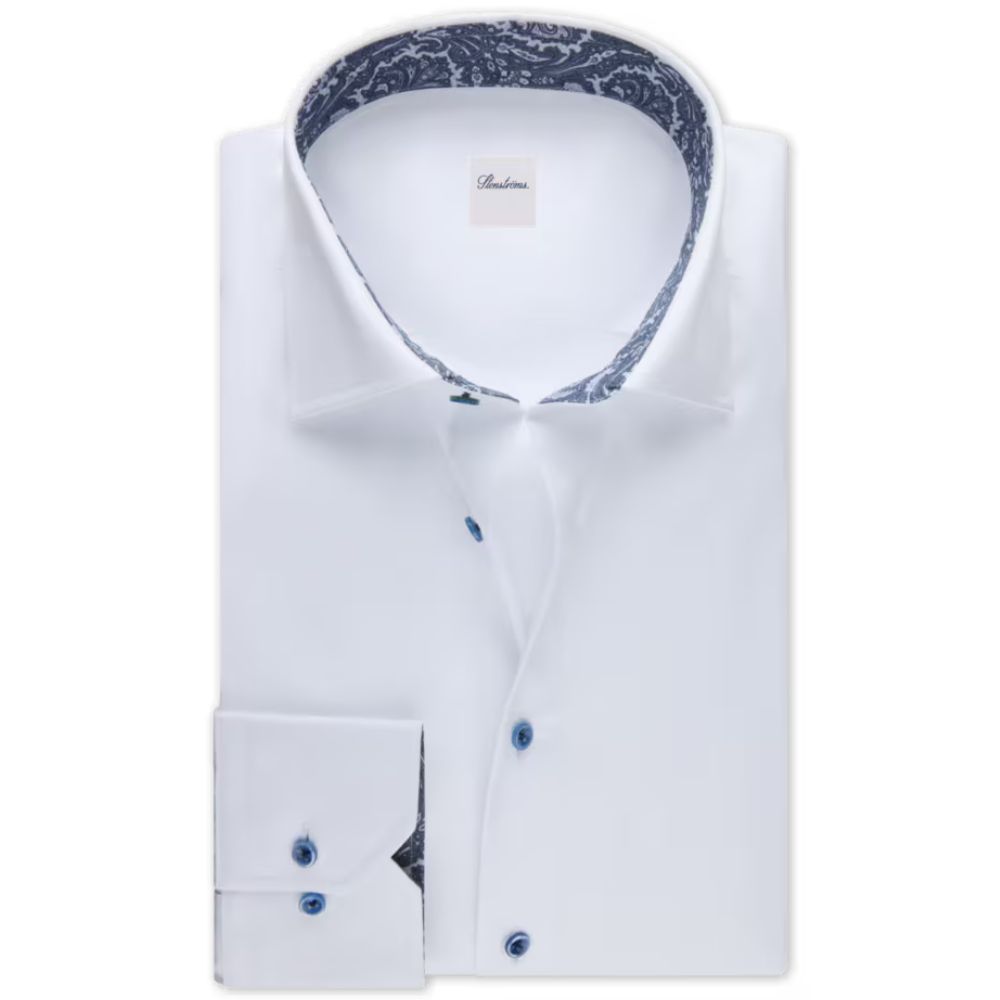 STENSTROMS White Shirt with Blue Paisley Contrast Collar 1