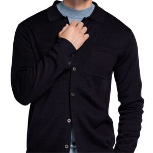 Thomas Maine Long Sleeve Collared Knitted Button Navy Overshirt