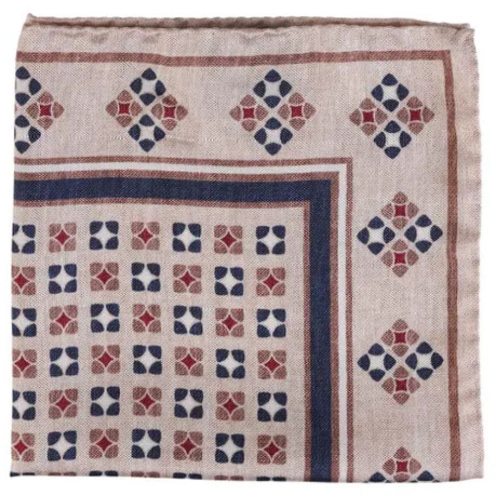 Amanda Christensen Geometric Tan and Navy Pocket Square 1 Amanda Christensen Geometric Tan and Navy Pocket Square