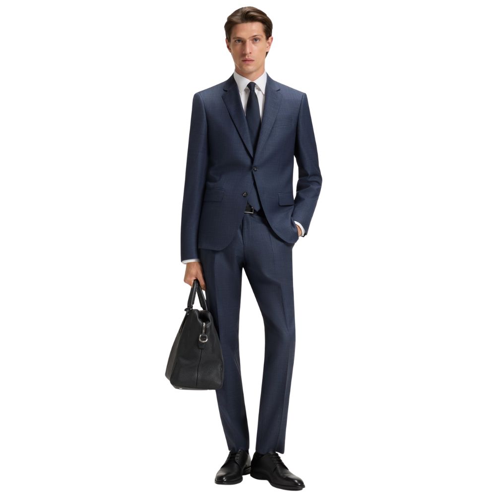 BOSS Blue Check Patten Stretch Virgin Wool Suit