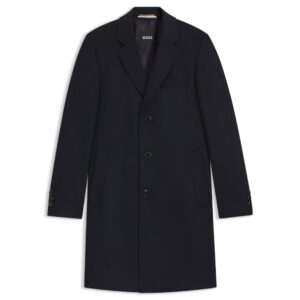 BOSS Regular Fit Navy Overcoat In Virgin Wool And Cashmere