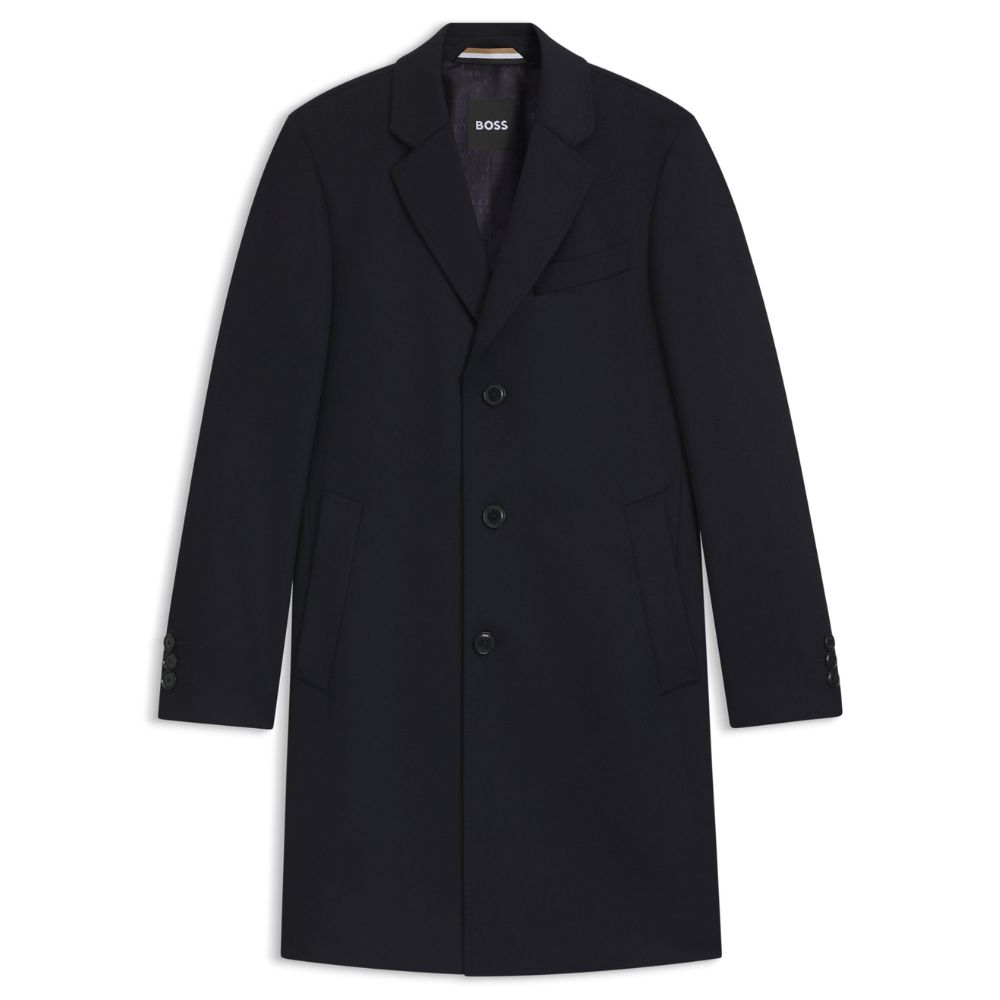 BOSS Regular Fit Navy Overcoat In Virgin Wool And Cashmere