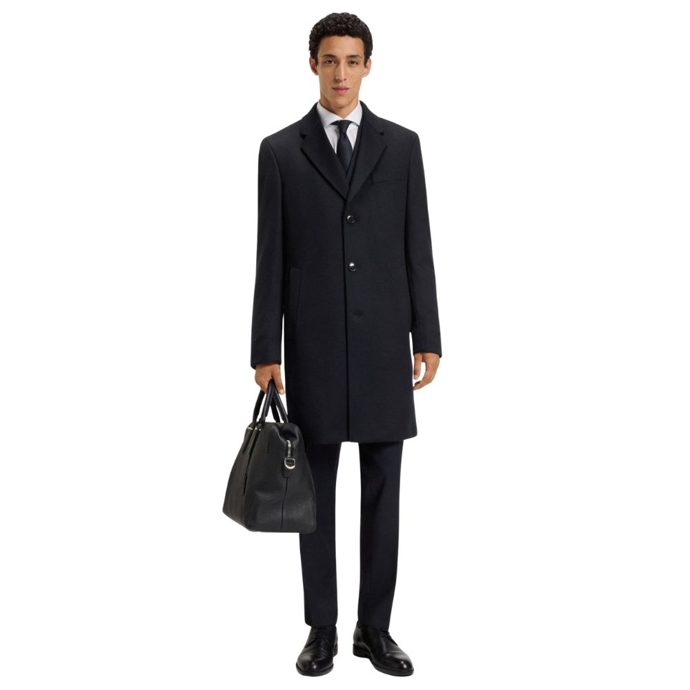 BOSS Regular Fit Navy Overcoat In Virgin Wool And Cashmere