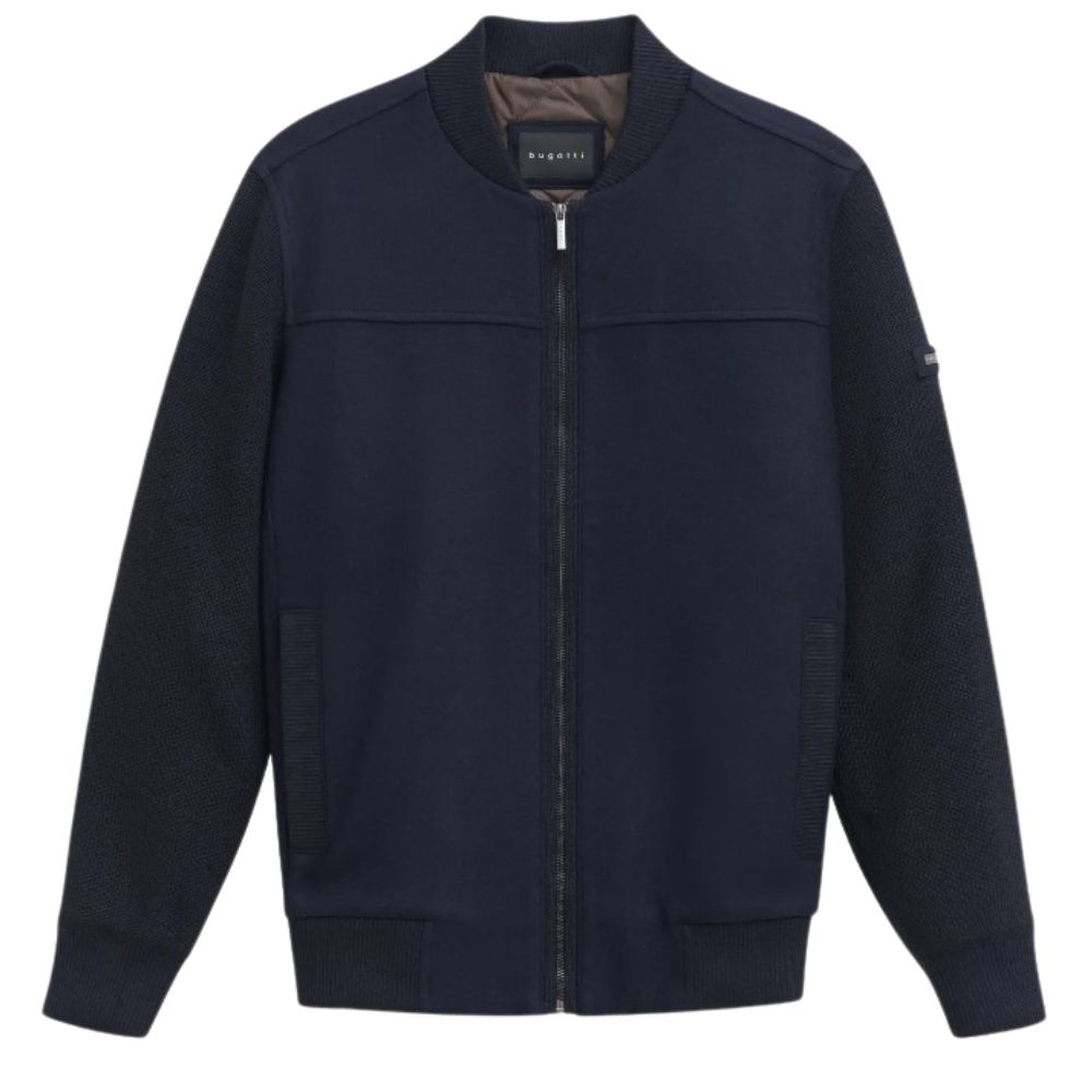 BUGATTI Wool Mix Hybrid Jacket With Knitted Sleeves and Knitted Collar in Navy