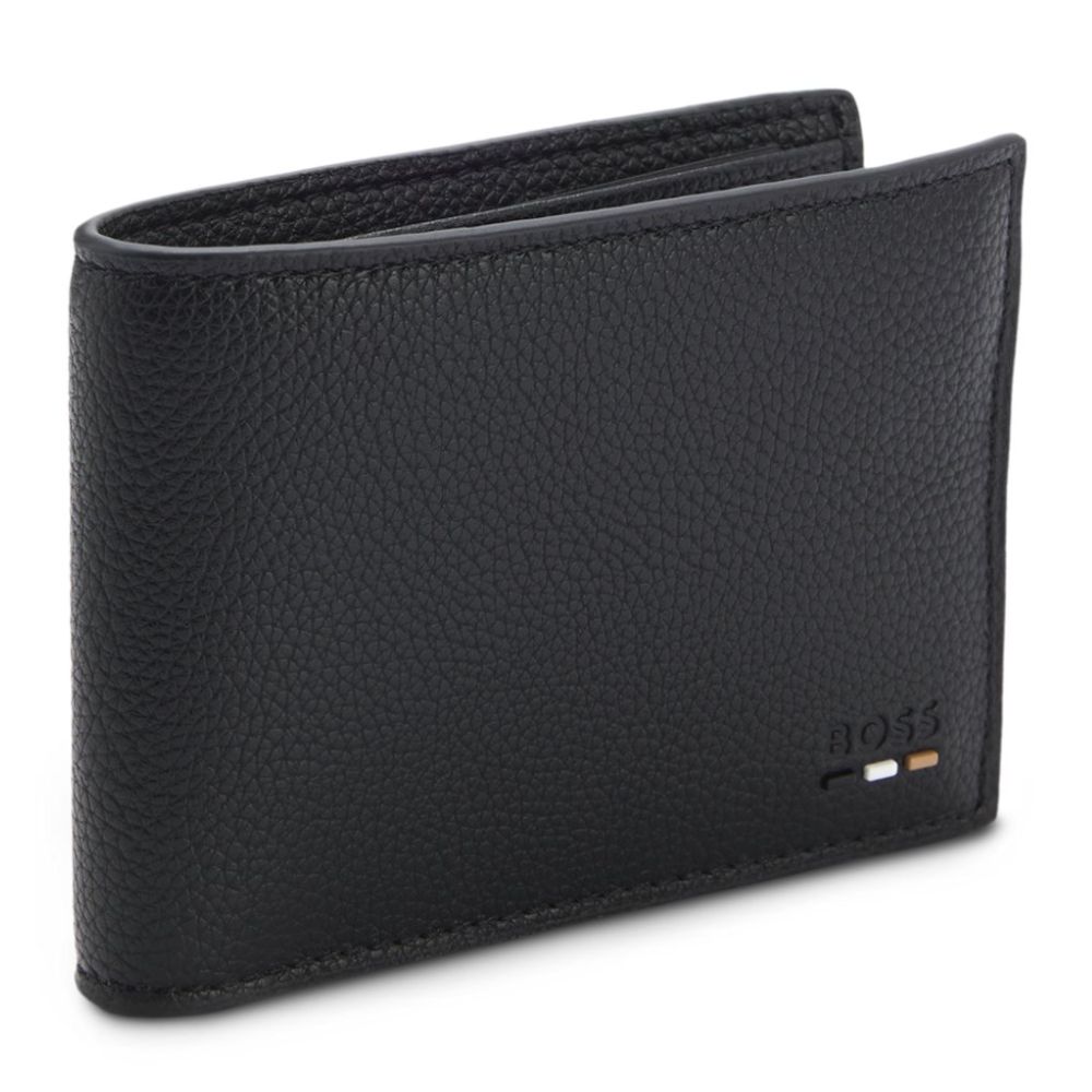 Boss Grained Folding Black Wallet With Signature Stripe Trim